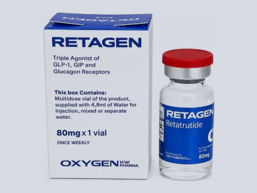 Caixa da Oxygen Pharma com o nome Retagen, a dosagem 80 mg e o frasco ao lado