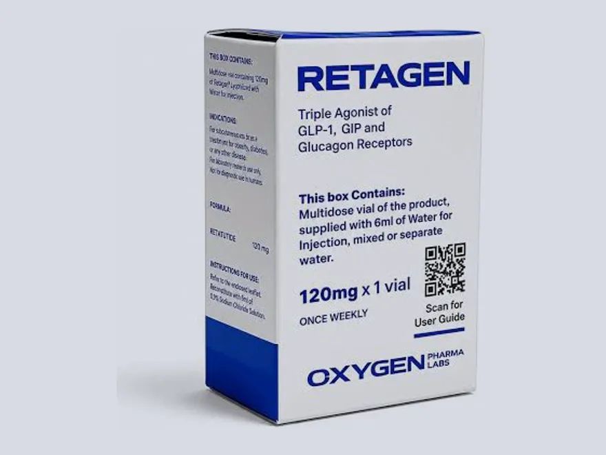 Caixa da Oxygen Pharma com o nome Retagen e a dosagem 120 mg