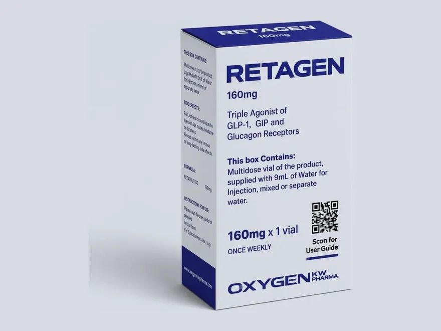 Caixa da Oxygen Pharma com o nome Retagen e a dosagem 160 mg