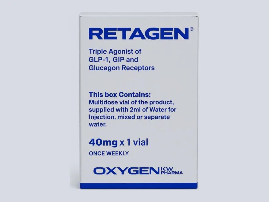 Caixa branca e azul da Oxygen Pharma com o nome Retagen e a dosagem 40 mg