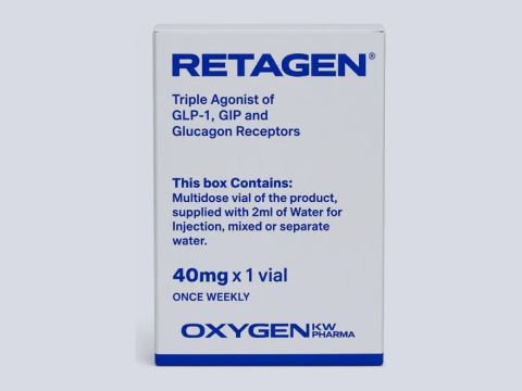 Caixa branca e azul da Oxygen Pharma com o nome Retagen e a dosagem 40 mg