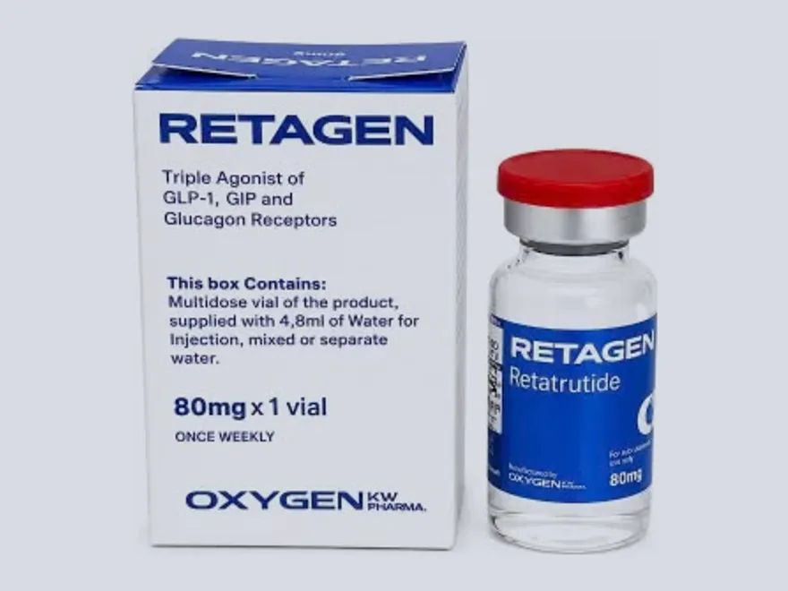 Caixa da Oxygen Pharma com o nome Retagen, a dosagem 80 mg e o frasco ao lado